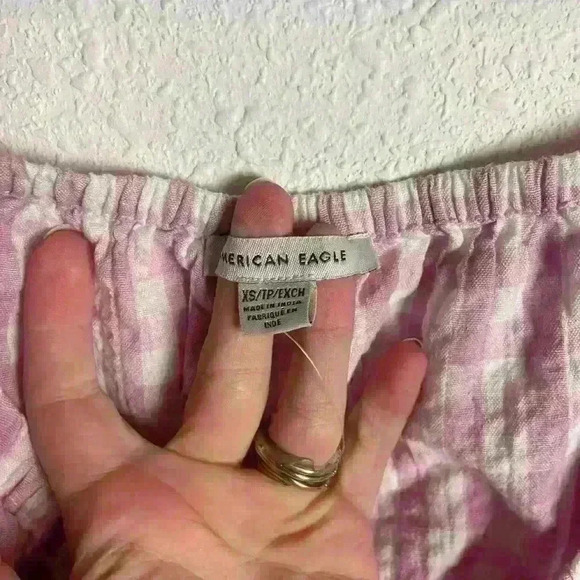 American Eagle Size Xs Wrap Babydoll Blouse Checkered Pink Cottage Linen Peasant - Picture 5 of 8